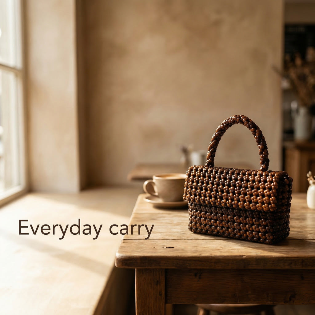 Handwoven Two-Tone Brown Tote Bag – Recycled Plastic, Small Size (15x14cm), Waterproof & Handmade in Small Batches | NÁ Design