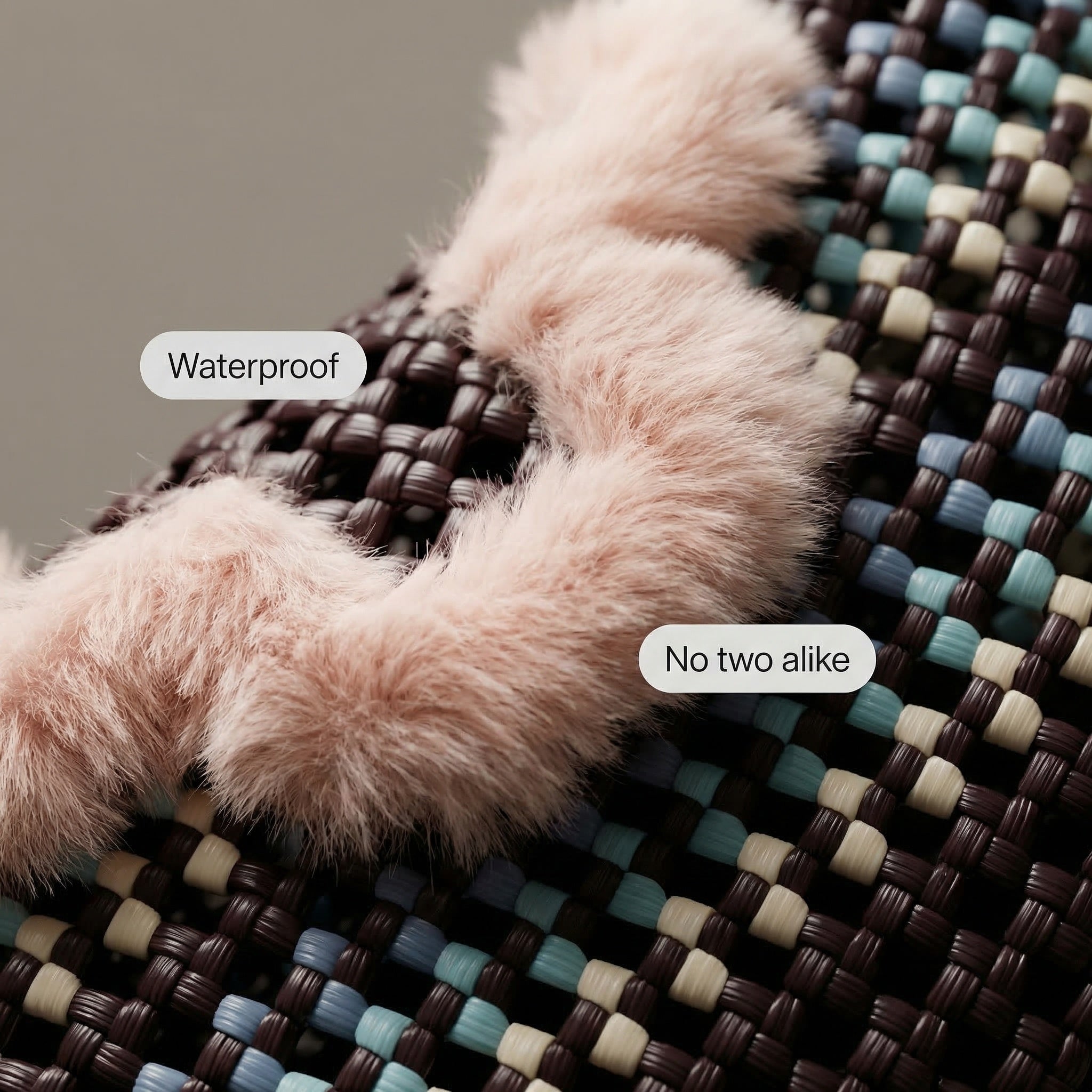 Handwoven Purple & Blue Checkerboard Tote Bag with Faux Fur Trim – Recycled Plastic, Waterproof & Handmade in Small Batches | NÁ Design