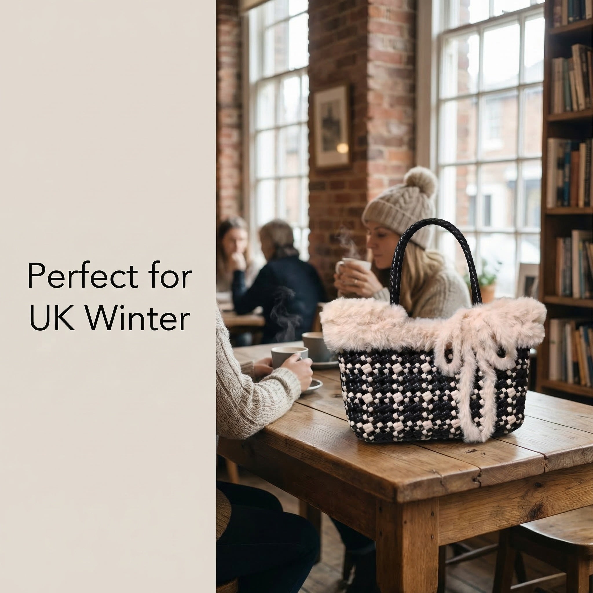 Handwoven Checkerboard Tote Bag with Faux Fur Trim – Recycled Plastic, Waterproof & Handmade in Small Batches | NÁ Design