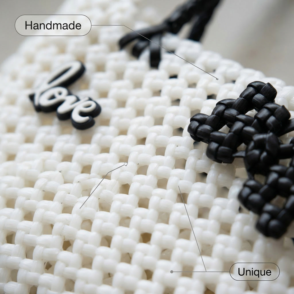 Handwoven White Tote Bag with "Love" Detail – Recycled Plastic, Waterproof & Handmade in Small Batches | NÁ Design