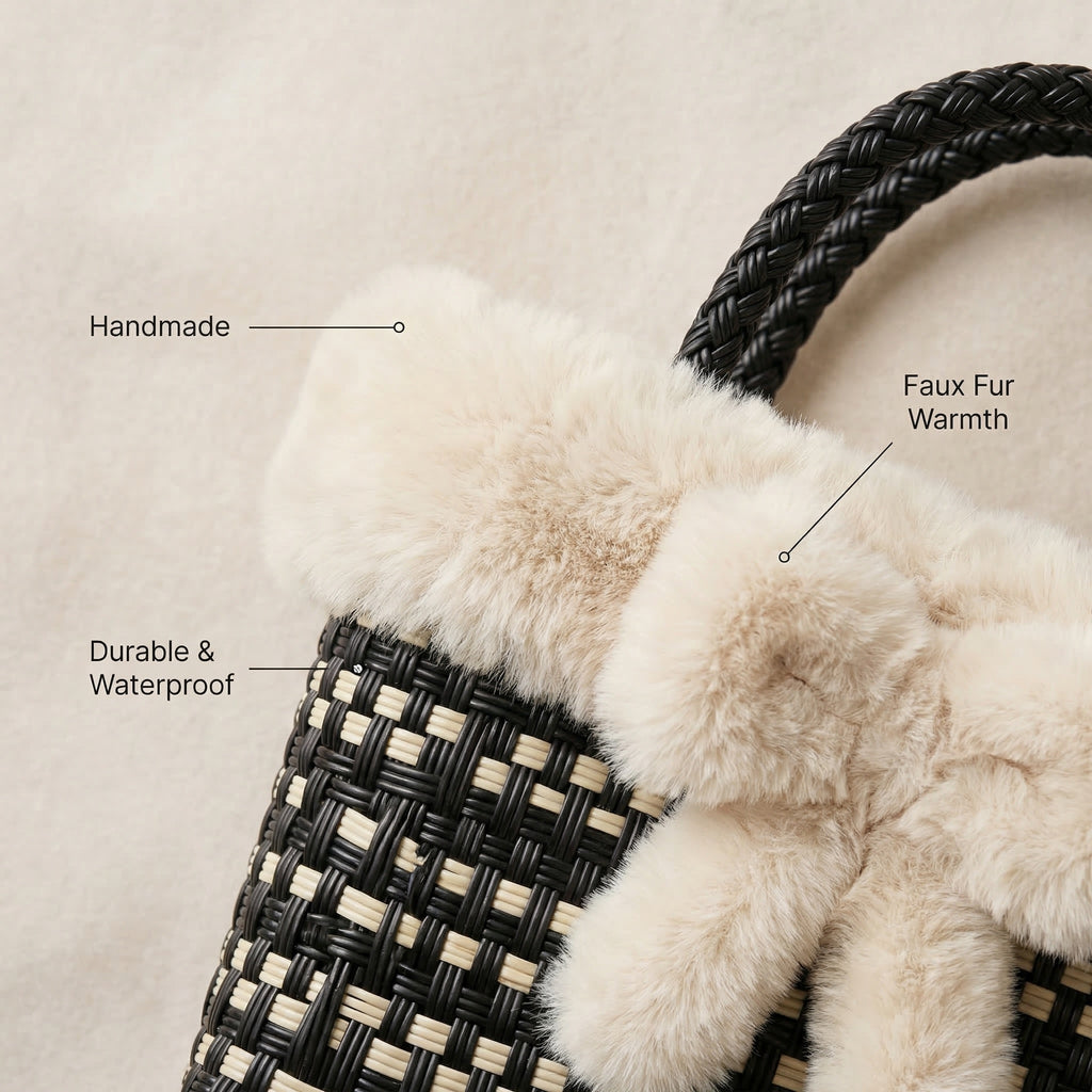 Handwoven Checkerboard Tote Bag with Faux Fur Trim – Recycled Plastic, Waterproof & Handmade in Small Batches | NÁ Design