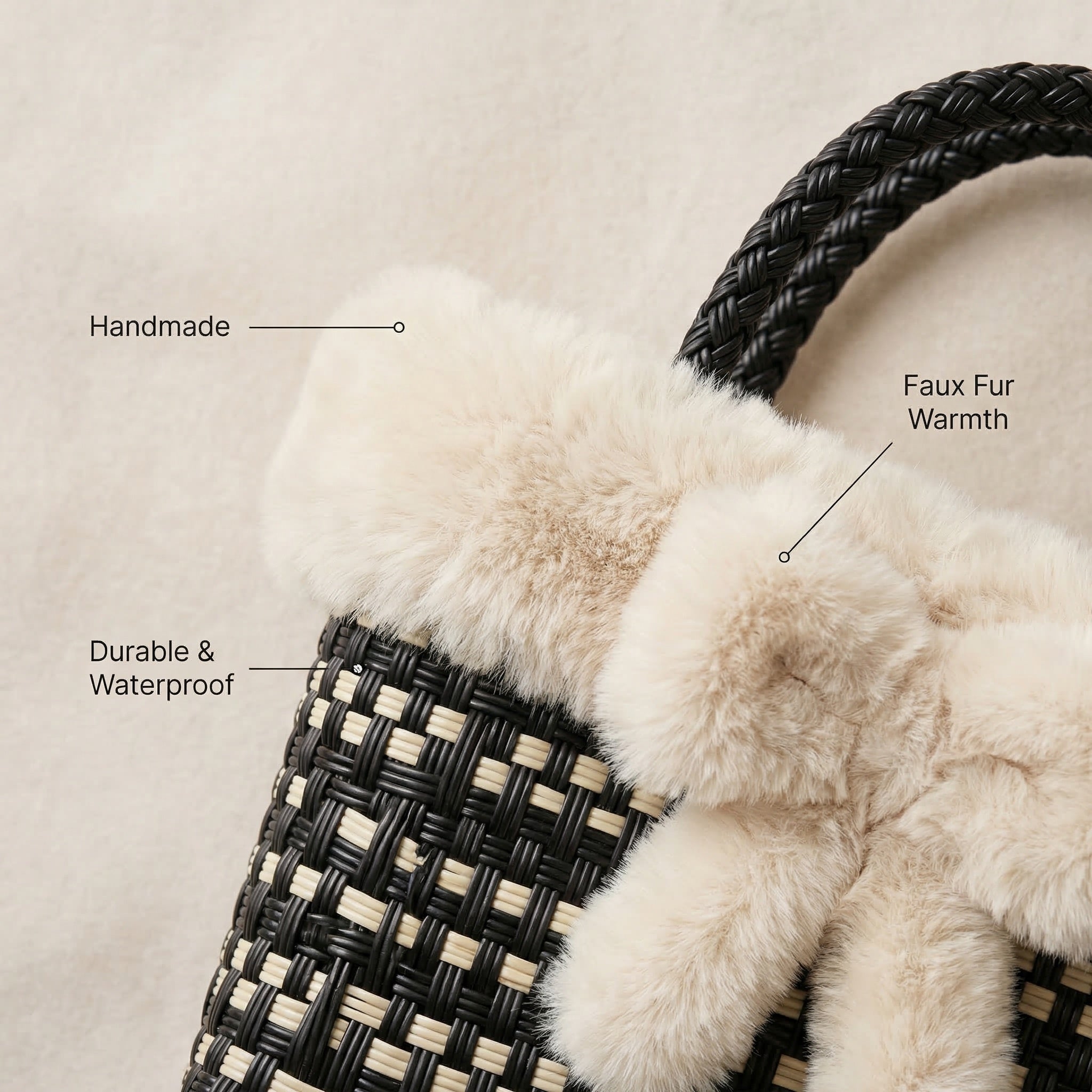 Handwoven Checkerboard Tote Bag with Faux Fur Trim – Recycled Plastic, Waterproof & Handmade in Small Batches | NÁ Design