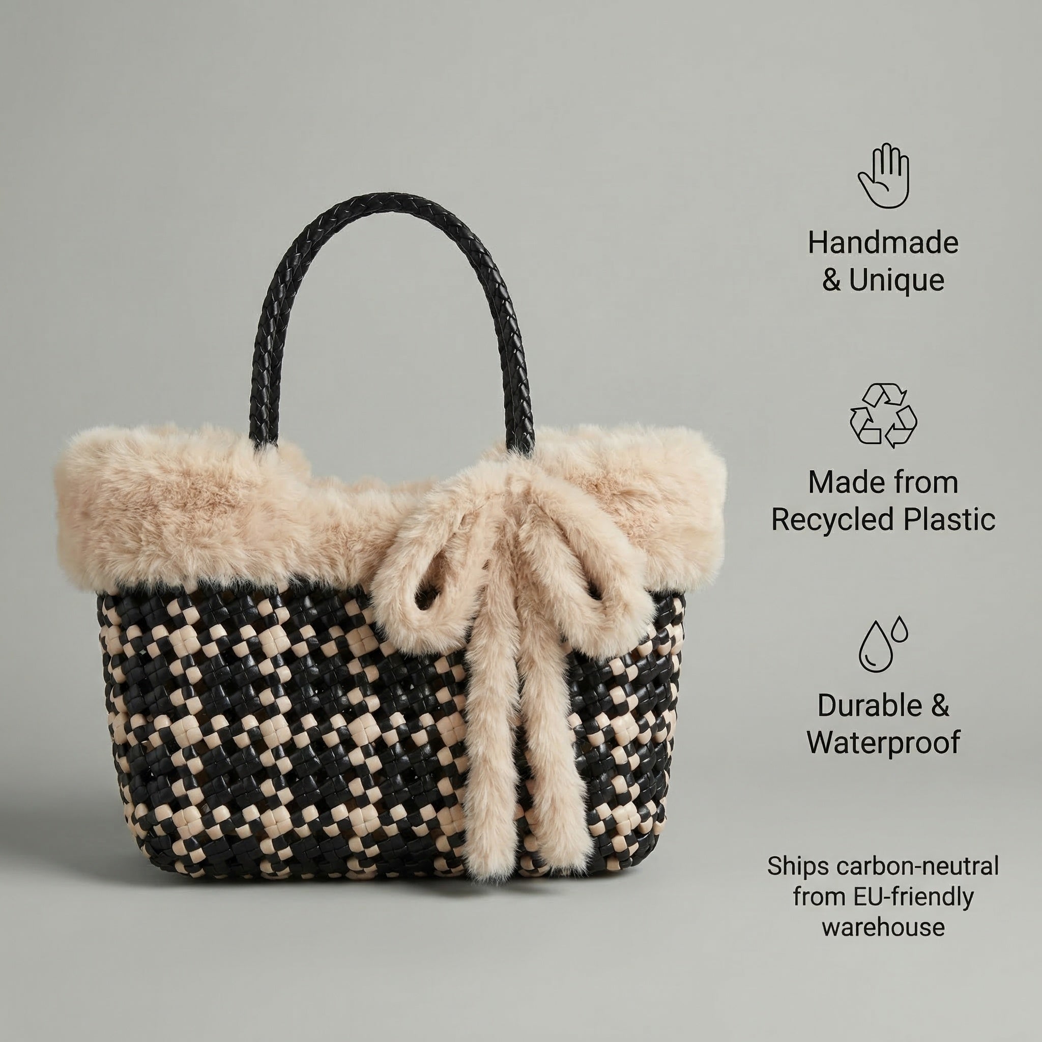 Handwoven Checkerboard Tote Bag with Faux Fur Trim – Recycled Plastic, Waterproof & Handmade in Small Batches | NÁ Design