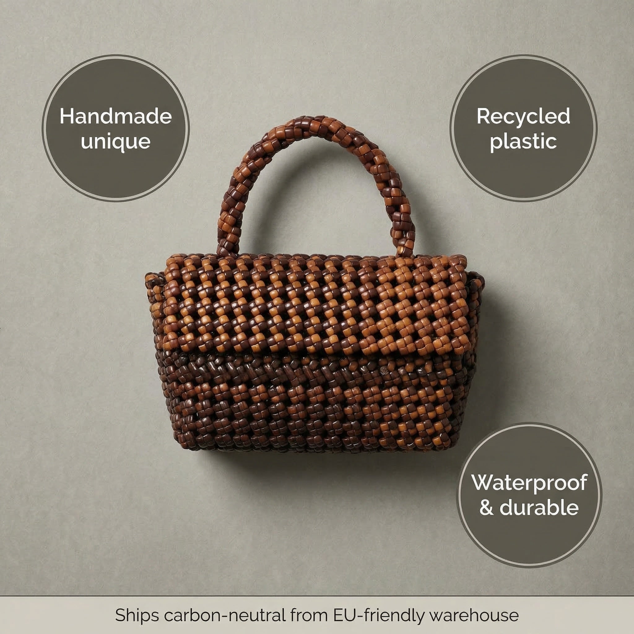 Handwoven Two-Tone Brown Tote Bag – Recycled Plastic, Small Size (15x14cm), Waterproof & Handmade in Small Batches | NÁ Design
