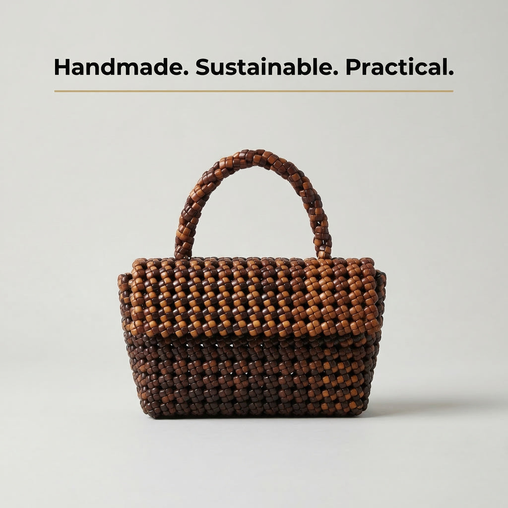 Handwoven Two-Tone Brown Tote Bag – Recycled Plastic, Small Size (15x14cm), Waterproof & Handmade in Small Batches | NÁ Design