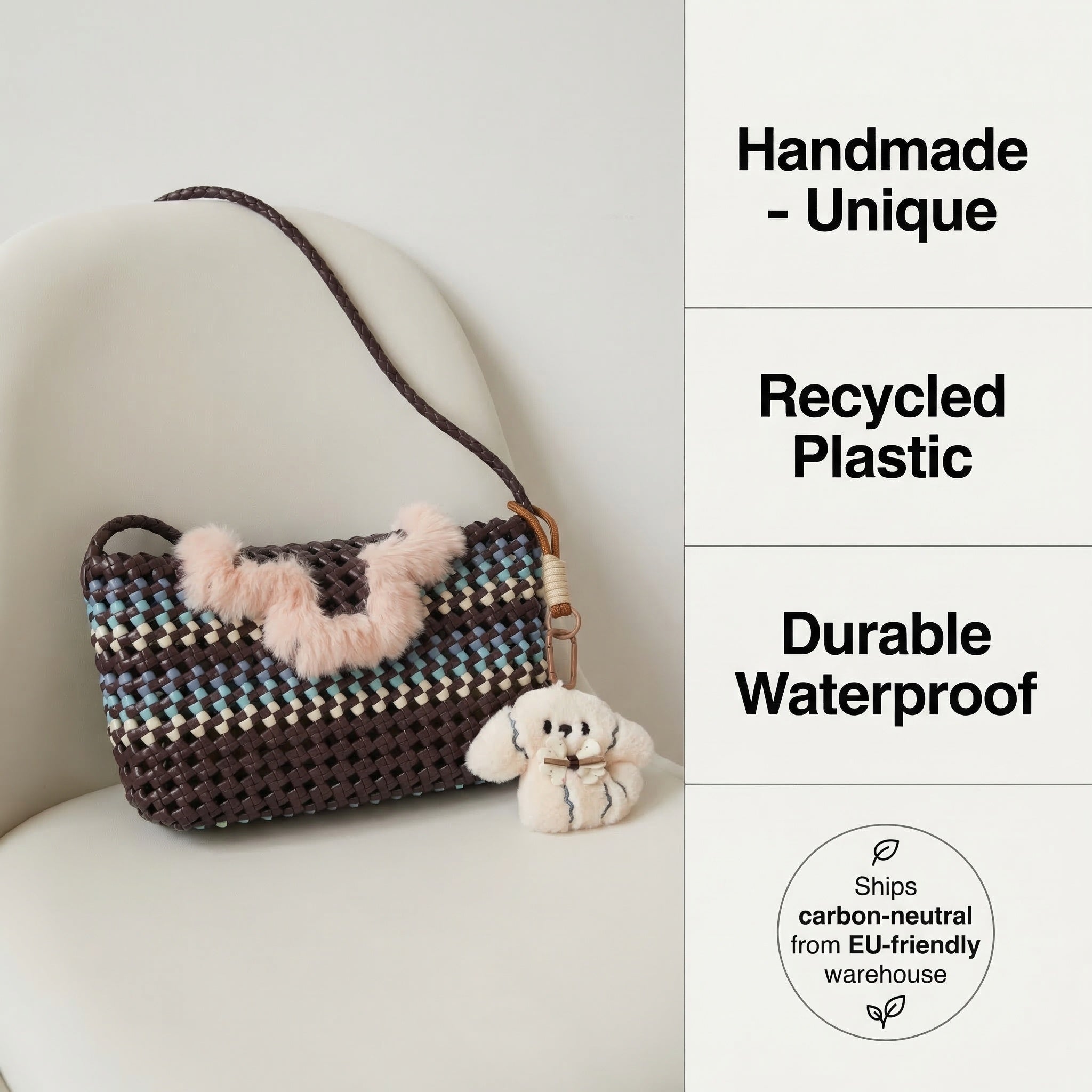 Handwoven Purple & Blue Checkerboard Tote Bag with Faux Fur Trim – Recycled Plastic, Waterproof & Handmade in Small Batches | NÁ Design