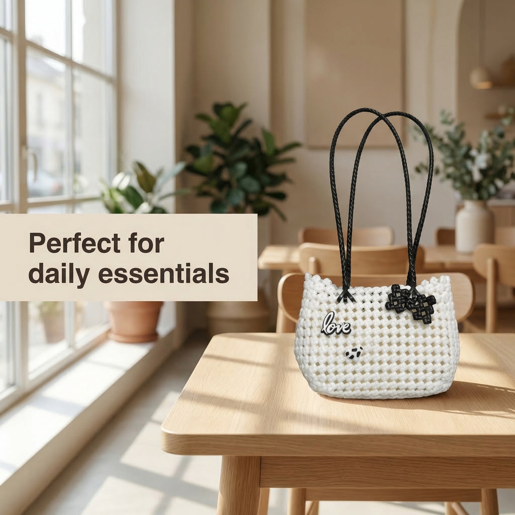 Handwoven White Tote Bag with "Love" Detail – Recycled Plastic, Waterproof & Handmade in Small Batches | NÁ Design