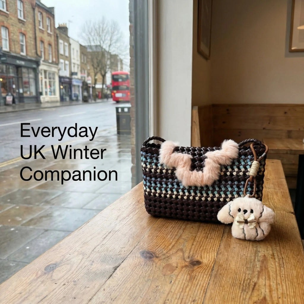 Handwoven Purple & Blue Checkerboard Tote Bag with Faux Fur Trim – Recycled Plastic, Waterproof & Handmade in Small Batches | NÁ Design